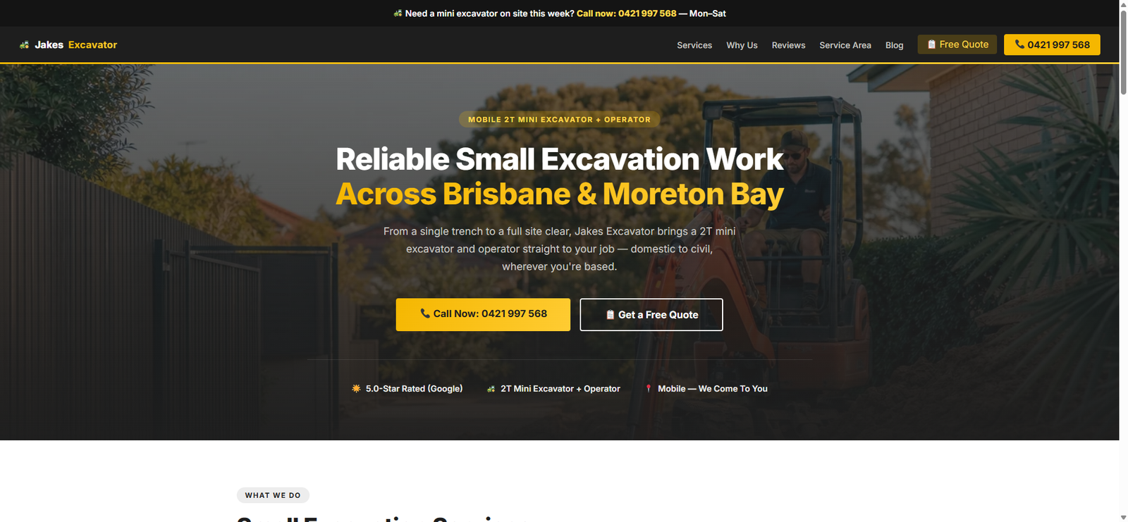 Jakes Excavator website built by DJR Web Design